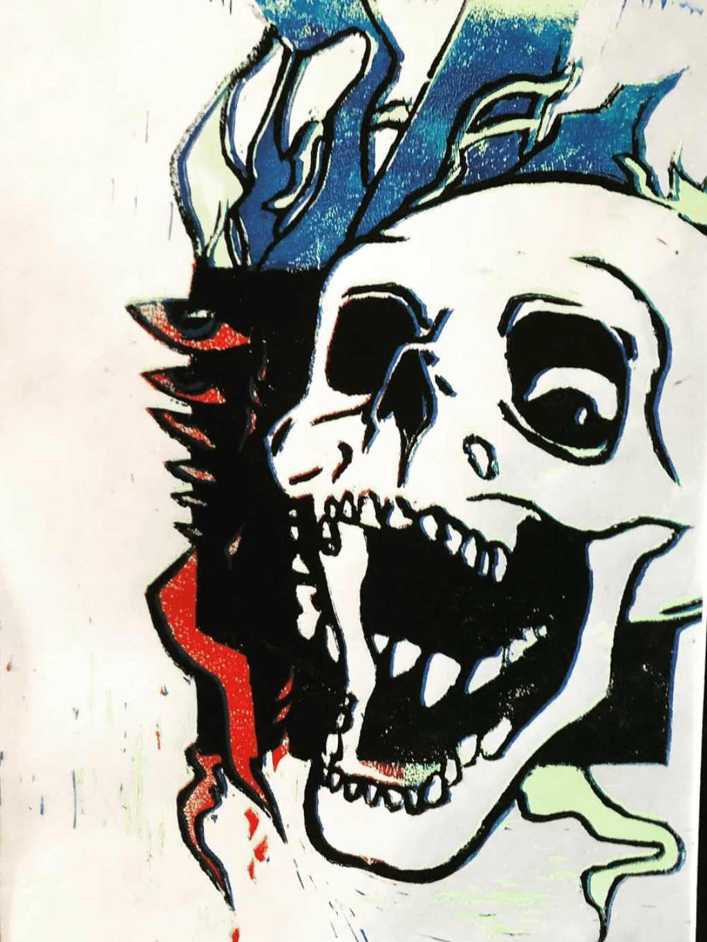 Sanguine print artwork with red graphic marks.